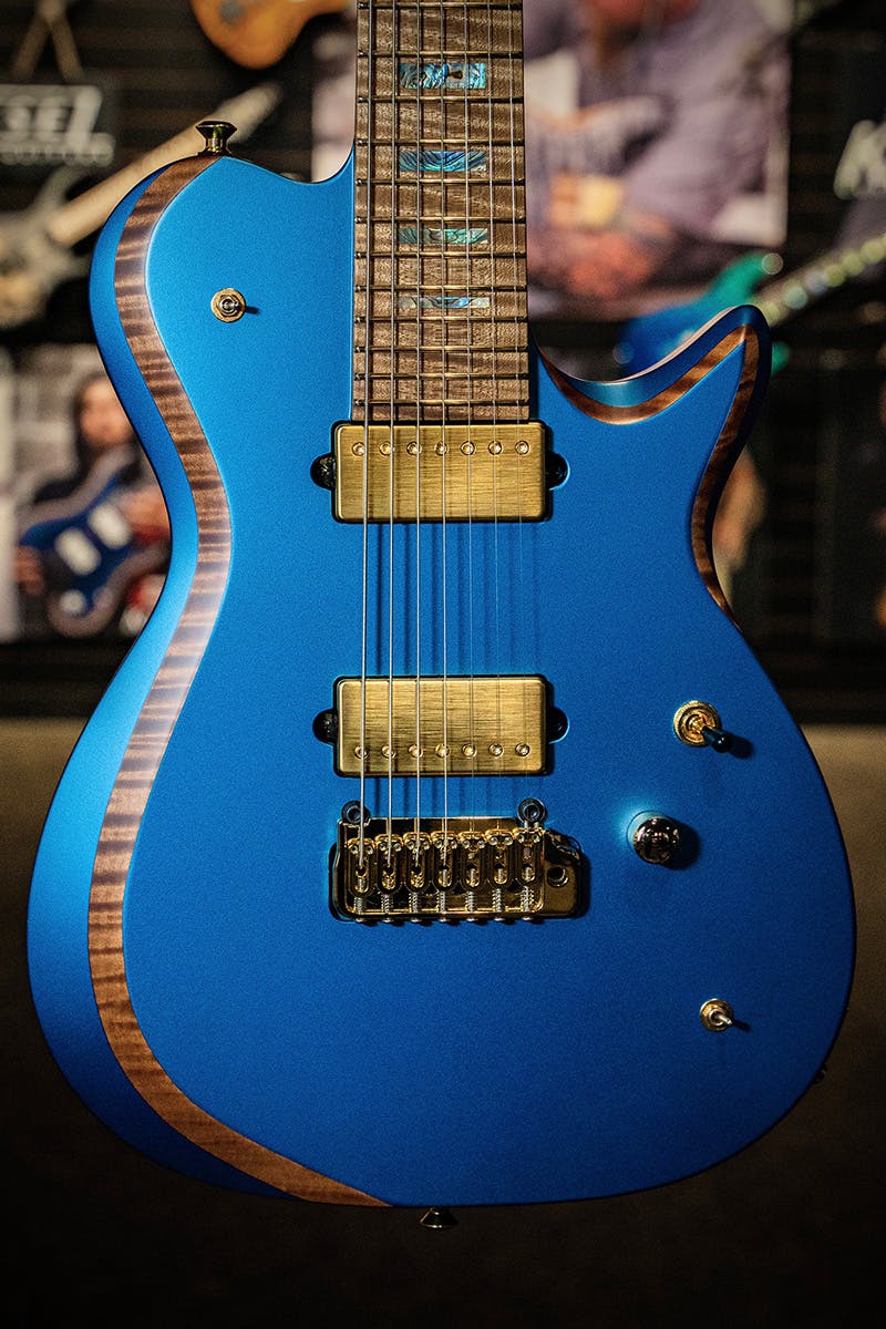 Kiesel Guitars SCB7X tremolo with pearl blue metallic finish, gold pickup covers, gold hardware, gold pole pieces, deep binding on bevel DBBEB, roasted flamed maple top, abalone block inlays, roasted flamed maple fingerboard, Al Joseph