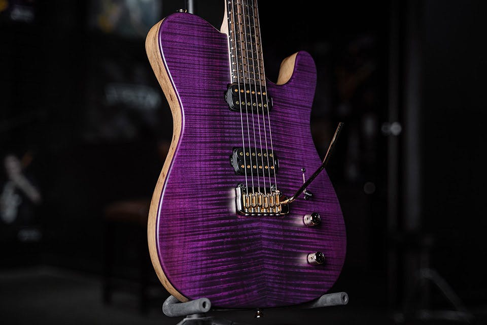 Kiesel Guitars Solo tremolo S6X with flamed maple top, swamp ash body, rear natural clear RNC, gold hardware, gold pickup poles, royal ebony fingerboard, translucent purple finish, chrome hardware