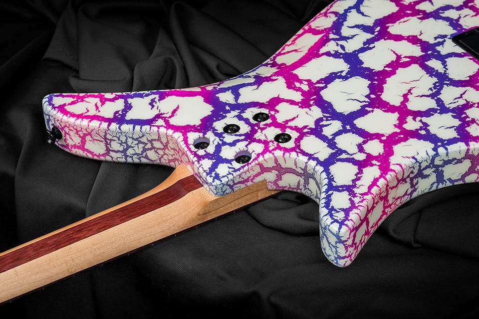 Kiesel Guitars Thanos Bass Neck Heel With custom purple to pink white crackle finish, 3 piece maple neck with purpleheart stripe