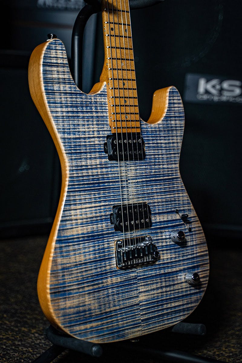 Kiesel Guitars Theos tremolo T6X with flamed maple top, blue denim finish, maple fingerboard, black acrylic dot inlays, alder body, chrome hardware
