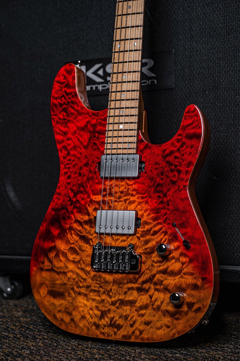 Kiesel Guitars Theos tremolo T6X with master grade poplar top, custom fire fade finish, maple fingerboard, mother of pearl dot inlays, chrome pickup covers, chrome hardware