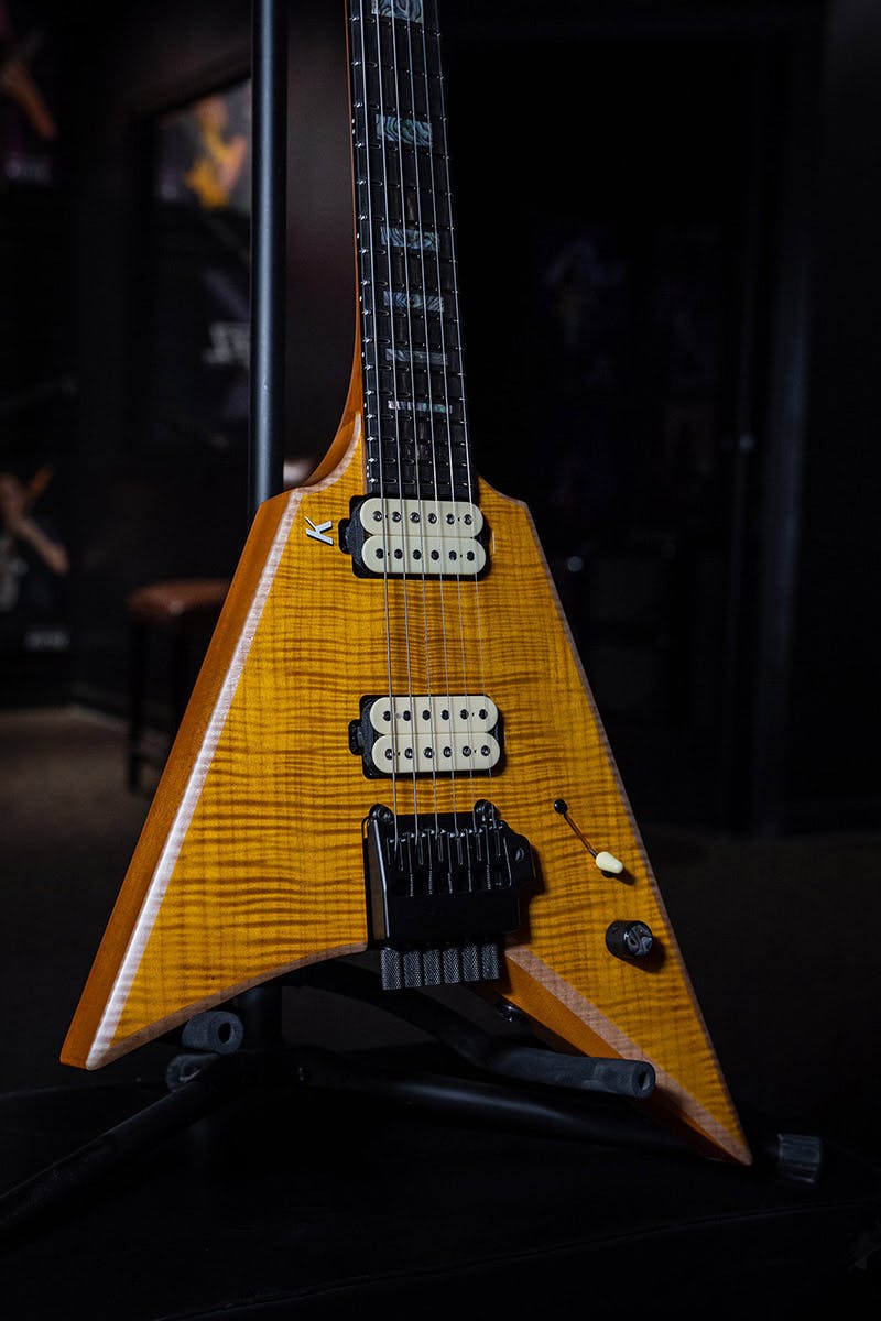 Kiesel Guitars Type-V TV6X tremolo with flamed maple top, select daisy yellow stain, natural top wood binding BBEB, rear natural clear RNC, alder body, abalone block inlays, ebony fingerboard