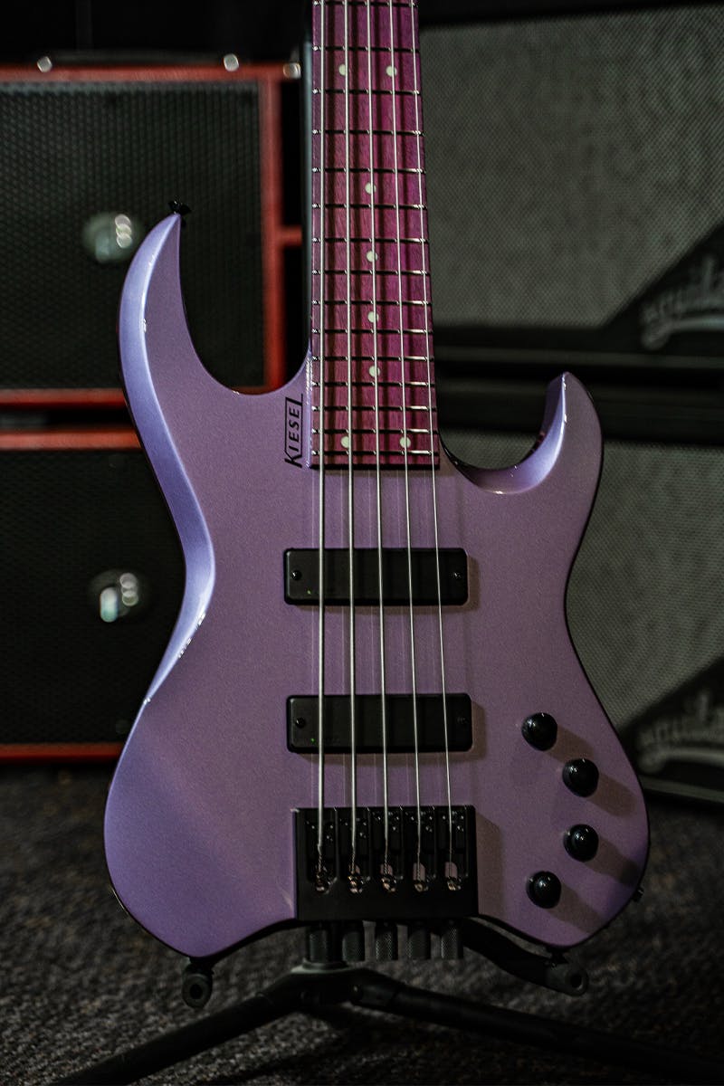 /Kiesel Guitars Vader Bass 5 string With custom shop finish, custom metallic lavender finish, black hardware, purple kiesel treated fingerboard, mother of pearl dot inlays, black logo, kiesel radius pickups