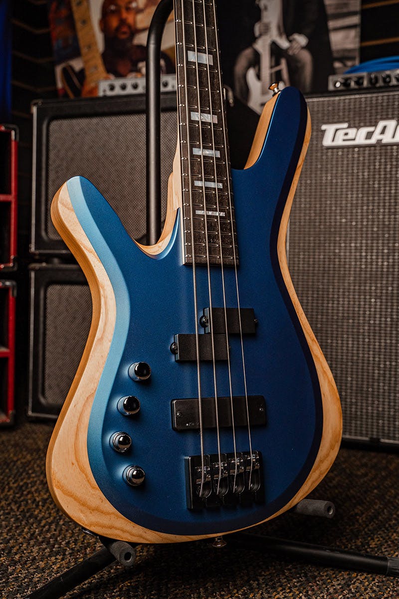 /Kiesel Guitars Vanquish Bass 4 String Bass Left-handed With pearl blue metallic finish, rear of body natural clear RNC, swamp ash body, mother of pearl block inlays, ebony fingerboard, SCP neck pickups, chrome hardware