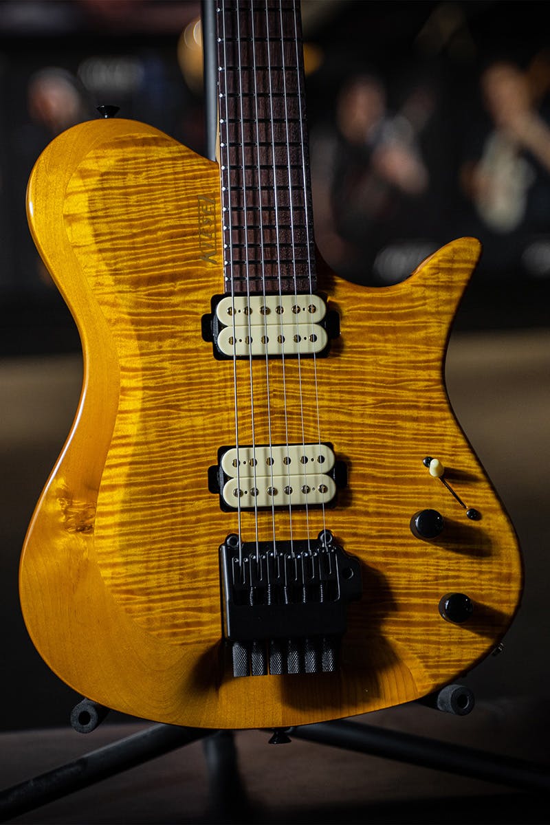 Kiesel Guitars Zeus tremolo Z6X with flamed maple top, select daisy yellow, swamp ash body, cream pickup coils, no top inlays NIN, ebony fingerboard