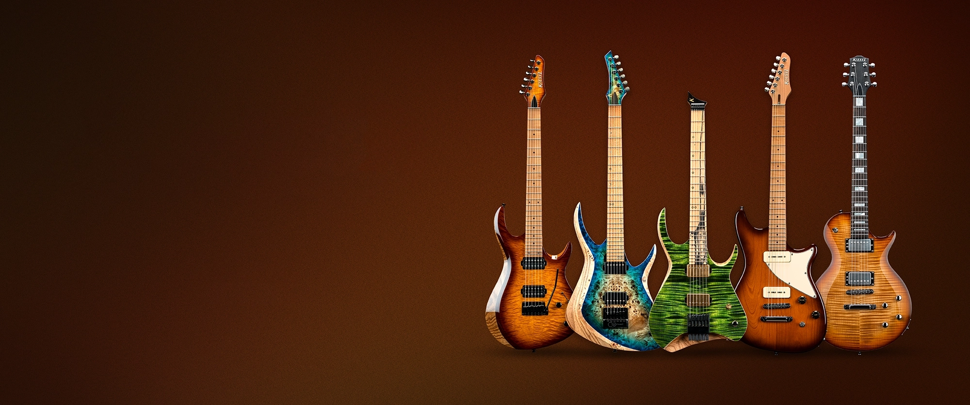 Autumn Sale banner with five colorful Kiesel guitars